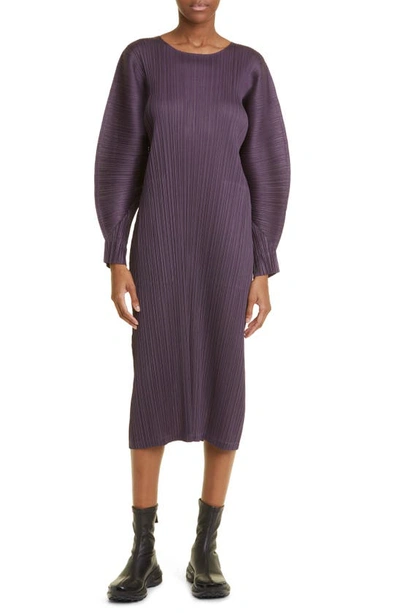 Issey Miyake Monthly Colours November Pleated Long Sleeve Midi Dress In Dark Purple