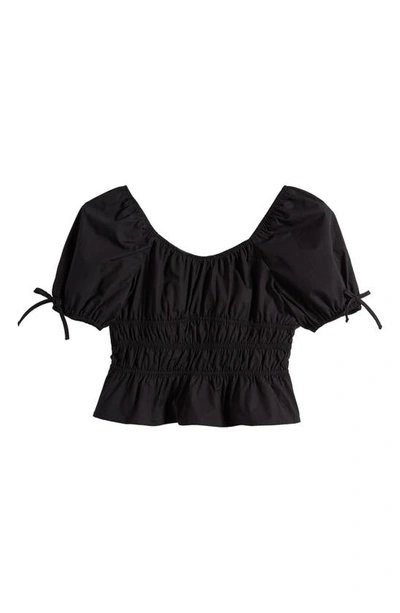 Love, Fire Kids' Cotton Shirred Puff Sleeve Top In Black