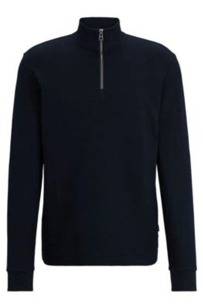 Hugo Boss Long-sleeved Slim-fit Cotton T-shirt With Zip Neck In Dark Blue