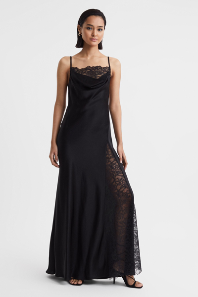 Anna Quan Satin Lace Cowl Neck Maxi Dress In Black