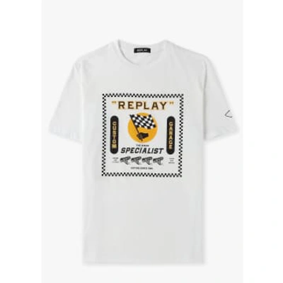 Replay Mens Biker Print T-shirt No Thema In White