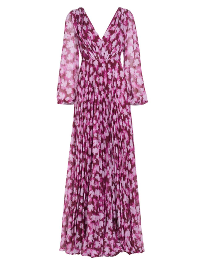 Monique Lhuillier Melanie Long-sleeve V-neck A-line Maxi Dress In Pink