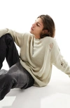 Asos Design Oversized Knit Fisherman Rib Sweater With Ladder Detail In Stone-neutral In Stone
