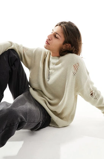 Asos Design Oversized Knit Fisherman Rib Sweater With Ladder Detail In Stone-neutral