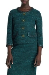 St John Textured Tweed Knit Sweater Jacket In Dark Teal/ Black Multi