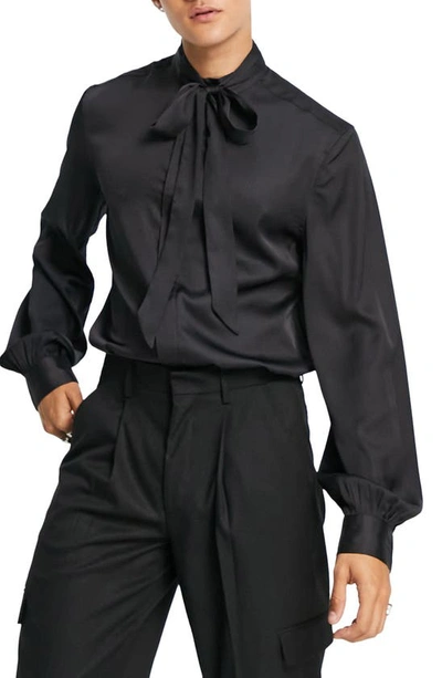 Asos Design Satin Shirt With Tie Neck And Blouson Volume Sleeves-black