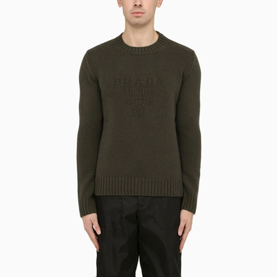 Prada Loden-coloured Wool Cashmere Crew-neck Sweater With Logo Men In Green