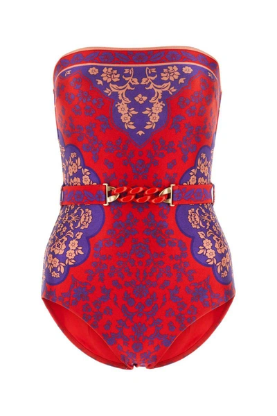 Zimmermann Raie Chain-link Bandeau One-piece Swimsuit In Purple Red Floral