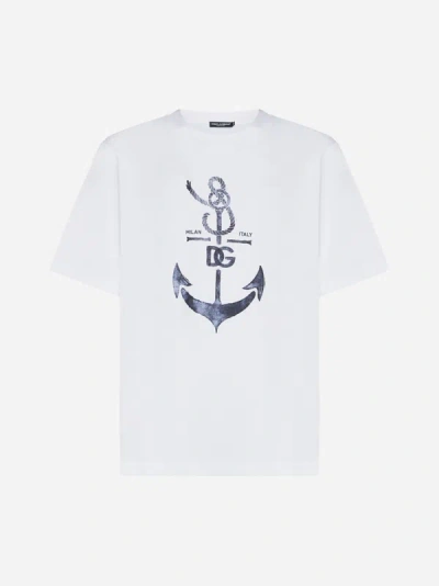 Dolce & Gabbana Oversized White T-shirt With Branded Anchor Print In Cotton Man In Optic White