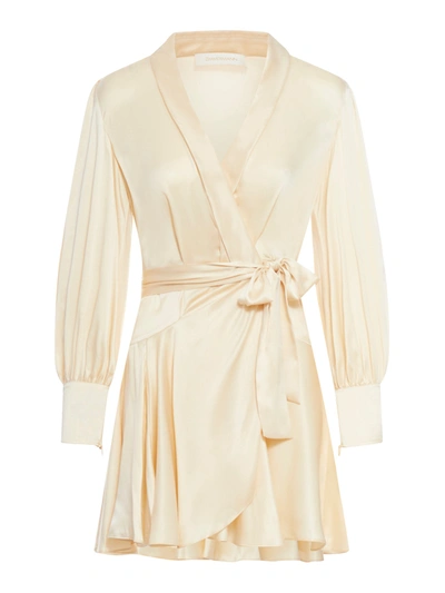 Zimmermann Ruffled Silk-satin Mini Wrap Dress In Cream