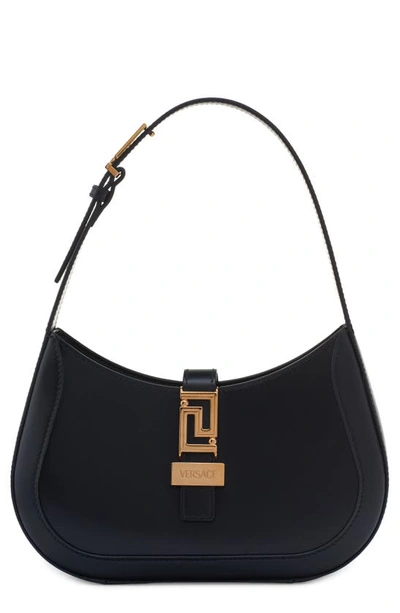 Versace Small Greca Leather Hobo Bag In Black/  Gold