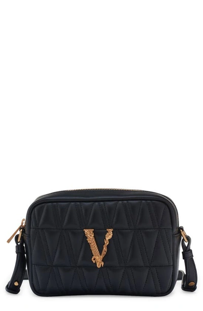 Versace Virtus Quilted Leather Camera Bag In Black- Gold