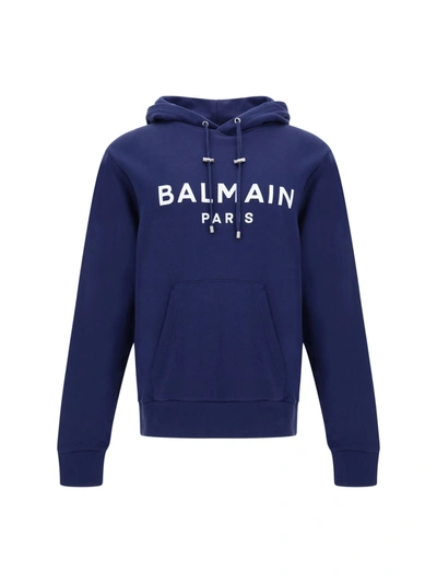 Balmain Logo-print Long-sleeved Hoodie In Blue