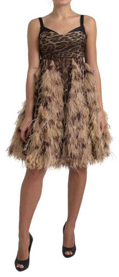 Dolce & Gabbana Brown Leopard Feather Chiffon Sleeveless Dress