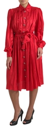 DOLCE & GABBANA RED SATIN SILK BUTTON DOWN BELTED MIDI DRESS