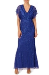 ADRIANNA PAPELL BEADED SEQUIN SURPLICE TRUMPET GOWN