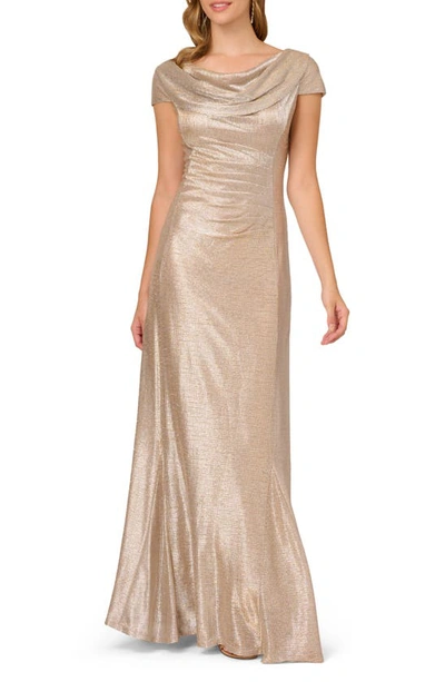 Adrianna Papell Metallic Cowlneck Gown In Alabaster