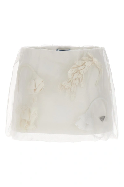 Prada Embroidered Satin And Organza Miniskirt In White