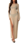 Edikted Glitter Long Sleeve Mesh Maxi Dress In Champagne