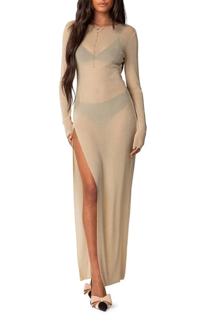 Edikted Glitter Long Sleeve Mesh Maxi Dress In Champagne