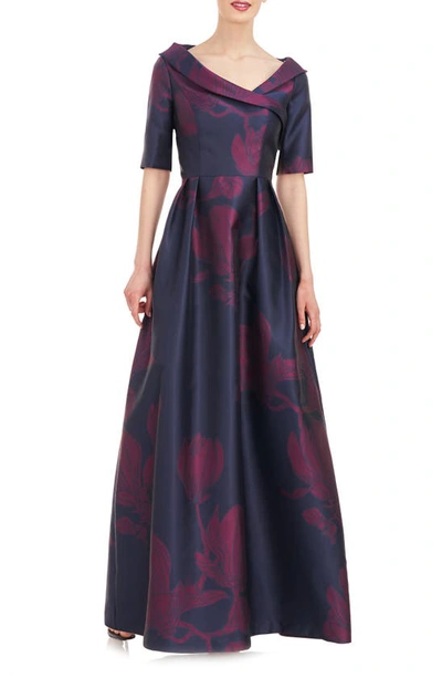 Kay Unger Women's Coco Floral Jacquard Gown In Carbon Boysenberry