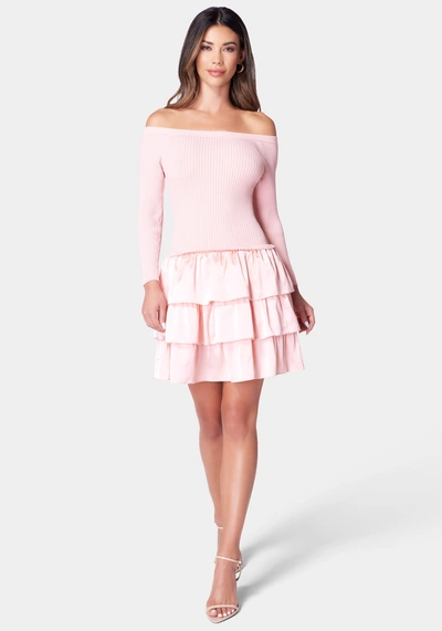 Bebe Off The Shoulder Tiered Dress In Rose