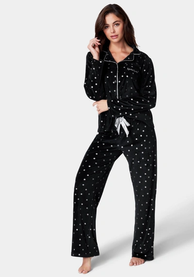 Bebe Sliver Foil Plush Pajama Set In Black