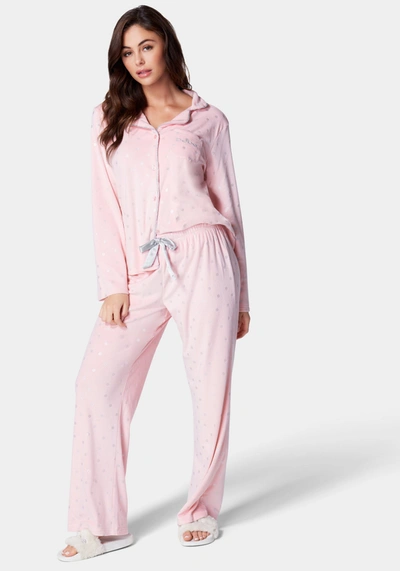 Bebe Sliver Foil Plush Pajama Set In Light Pink