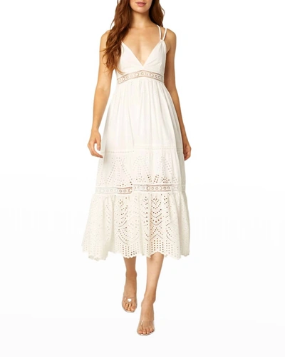 Misa Embroidered Eyelet Midi Dress In White