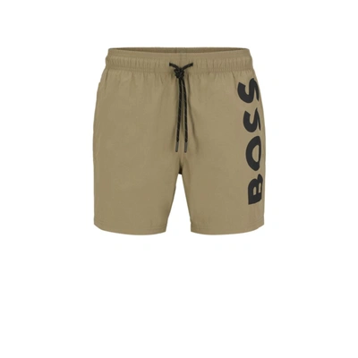 Hugo Boss Quick-drying Swim Shorts With Large Contrast Logo In Green