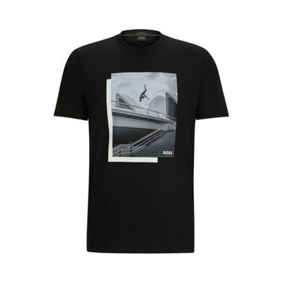 Hugo Boss Photo-print T-shirt In Stretch-cotton Jersey In Black