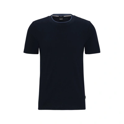 Hugo Boss Slim-fit T-shirt In Structured Cotton With Double Collar In Blue