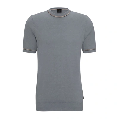 Hugo Boss Short-sleeved Sweater With Crew Neckline In Piqu Fabric In Silver