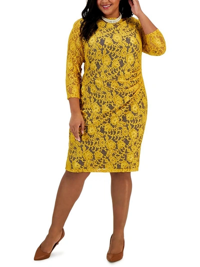 Kasper Plus Laurissa Womens Gathered Lace Sheath Dress In Yellow