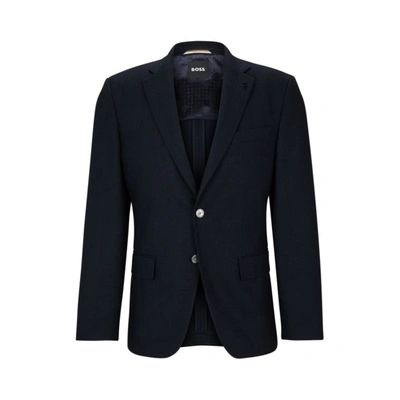 Hugo Boss Slim-fit Jacket In Herringbone Cotton And Virgin Wool In Dark Blue