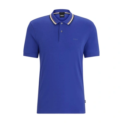 Hugo Boss Slim-fit Polo Shirt In Cotton With Striped Collar In Purple