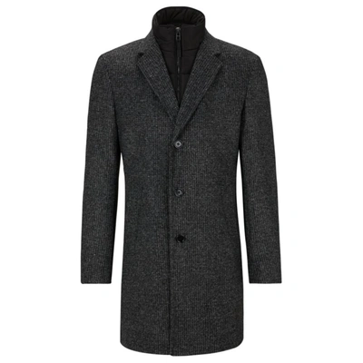 Hugo Boss Slim-fit Patterned Coat With Zip-up Inner In Black