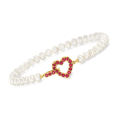 Ross-simons 4.5-5mm Cultured Pearl And . Ruby Heart Bracelet In 18kt Gold Over Sterling In Red