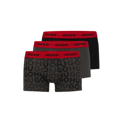 Hugo Triple-pack Of Stretch-cotton Trunks With Logo Waistbands In Dark Grey