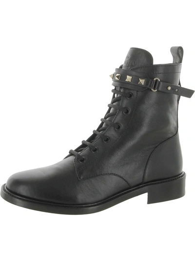 Valentino Garavani Combat Boot Womens Leather Adjustable Ankle Strap Combat & Lace-up Boots In Black