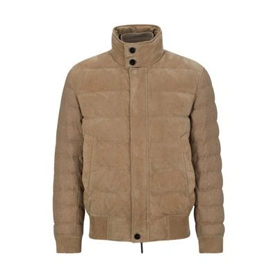 Hugo Boss Mixed-material Jacket With Nubuck Leather In Brown