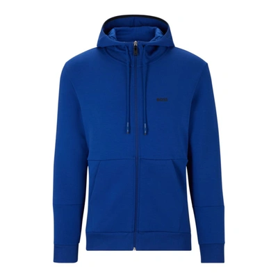 Hugo Boss Cotton-blend Zip-up Hoodie With Embroidered Logo In Blue