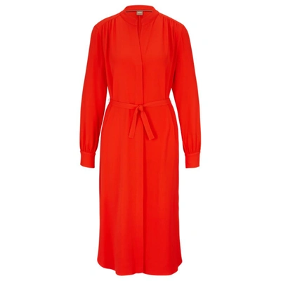 Hugo Boss Belted Dress With Collarless V Neckline And Button Cuffs In Orange