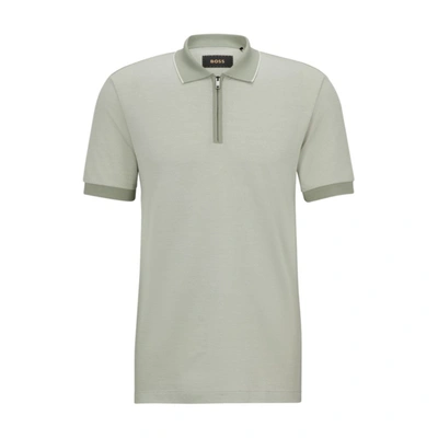Hugo Boss Micro-patterned Polo Shirt In Cotton And Silk In Light Green