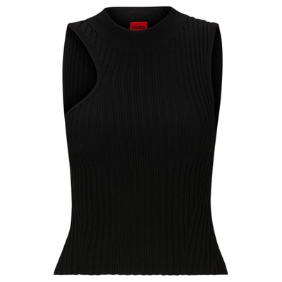 Hugo Mock-neck Ribbed-knit Top With Asymmetric Detail In Black