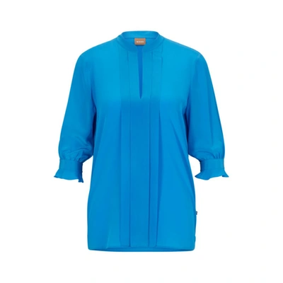 Hugo Boss Regular-fit Blouse In Pure Silk With Pleat Front In Blue