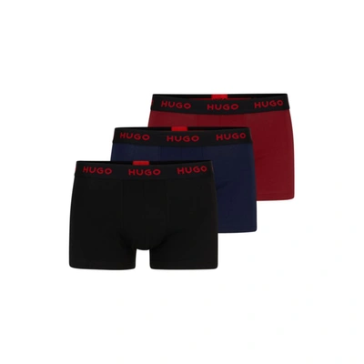 Hugo Three-pack Of Logo-waistband Trunks In Stretch Cotton In Dark Blue