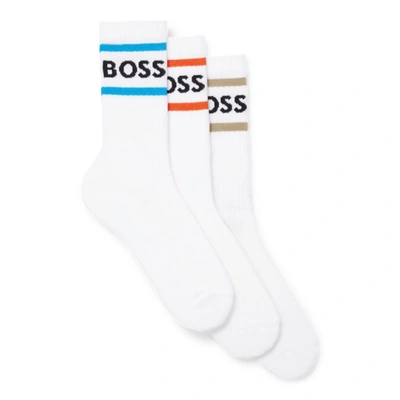 Hugo Boss Three-pack Of Short Socks With Stripes And Logo In White