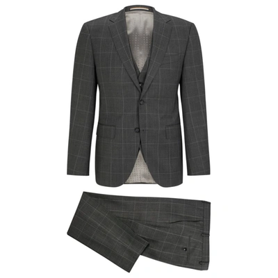 Hugo Boss Three-piece Regular-fit Suit In Checked Virgin Wool In Silver