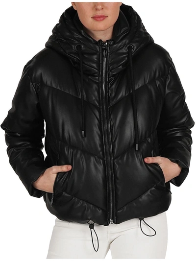 Love Token Leo Womens Faux Leather Short Puffer Jacket In Black
